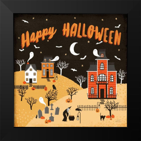 Spooky Village IV Happy Halloween Black Modern Wood Framed Art Print by Marshall, Laura
