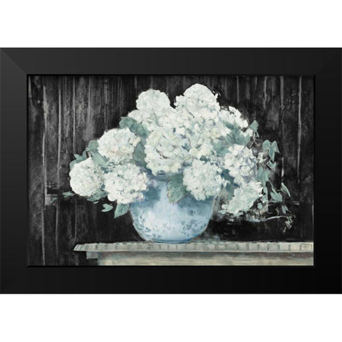 White Hydrangea on Black Crop Black Modern Wood Framed Art Print by Rowan, Carol