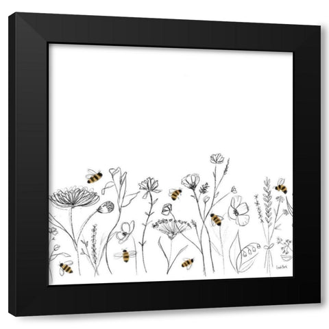 Bees and Botanicals Pattern IX Black Modern Wood Framed Art Print by York, Leah