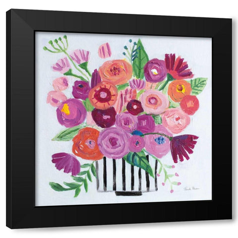 Pink Blossoms II Black Lines Black Modern Wood Framed Art Print with Double Matting by Zaman, Farida