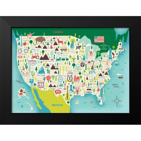 Illustrate USA waves Black Modern Wood Framed Art Print by Mullan, Michael