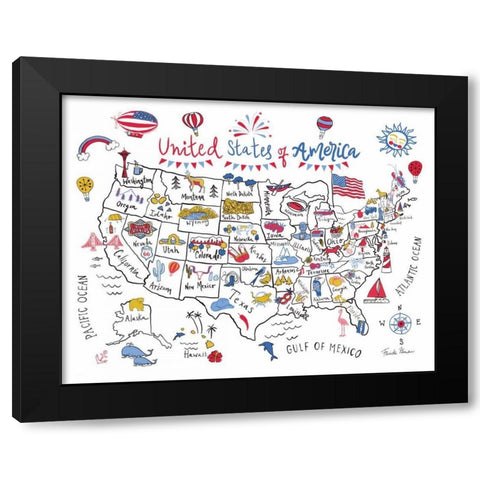 USA Map Black Modern Wood Framed Art Print by Zaman, Farida
