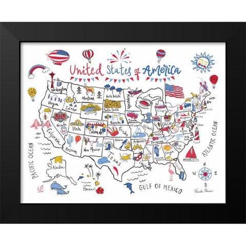 USA Map Black Modern Wood Framed Art Print by Zaman, Farida