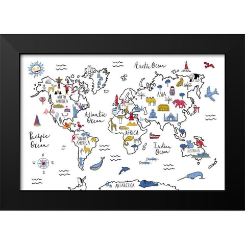 World Map Black Modern Wood Framed Art Print by Zaman, Farida