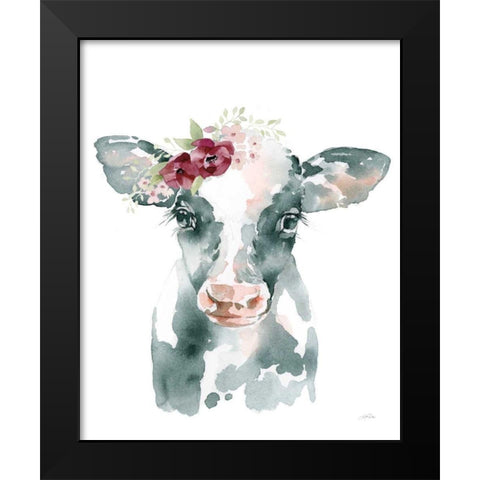Floral Cow Black Modern Wood Framed Art Print by Pete, Katrina