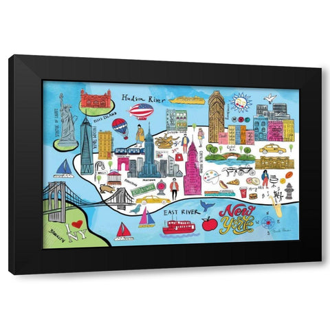 New York Map Black Modern Wood Framed Art Print with Double Matting by Zaman, Farida