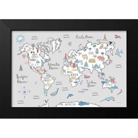World Map Pastel Black Modern Wood Framed Art Print by Zaman, Farida