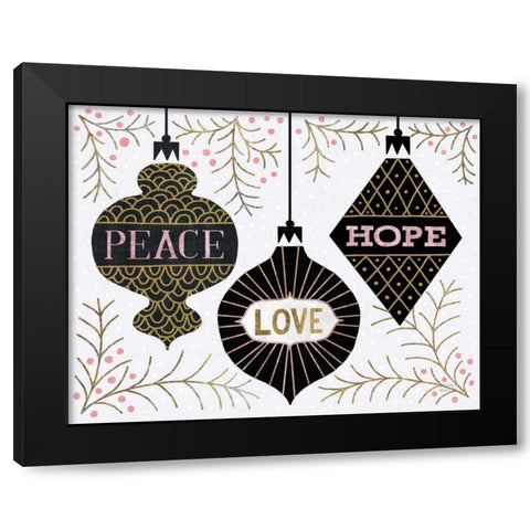 Jolly Holiday Ornaments Peace Love Joy Black Modern Wood Framed Art Print by Mullan, Michael