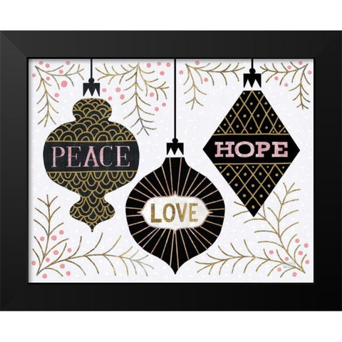 Jolly Holiday Ornaments Peace Love Joy Black Modern Wood Framed Art Print by Mullan, Michael
