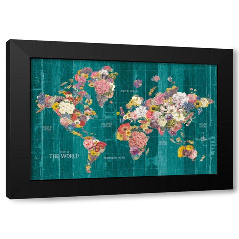 Botanical Floral Map Words Aqua Black Modern Wood Framed Art Print by Wild Apple Portfolio
