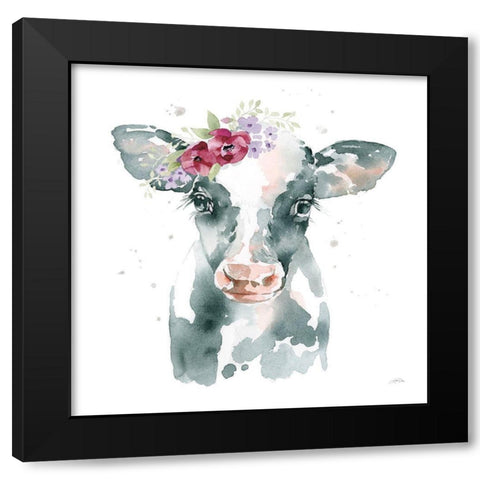 Floral Cow Pink Sq Black Modern Wood Framed Art Print by Pete, Katrina