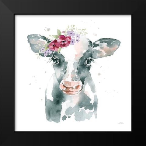 Floral Cow Pink Sq Black Modern Wood Framed Art Print by Pete, Katrina