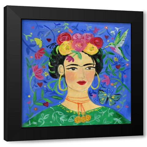 Frida Blue Black Modern Wood Framed Art Print with Double Matting by Zaman, Farida