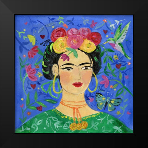 Frida Blue Black Modern Wood Framed Art Print by Zaman, Farida