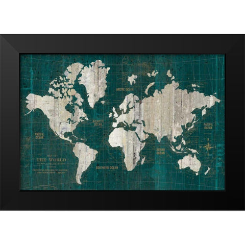 Old World Map Teal Black Modern Wood Framed Art Print by Wild Apple Portfolio