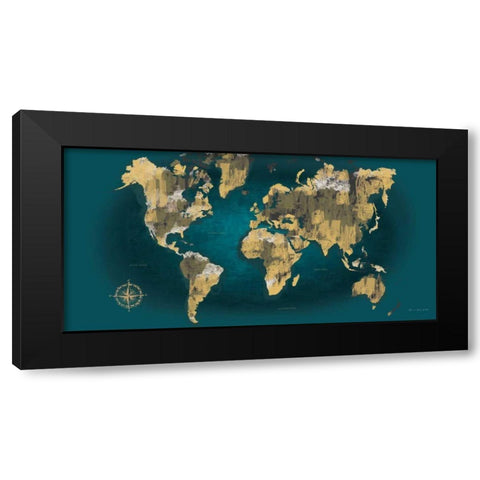 Sketched World Map Blue Crop Black Modern Wood Framed Art Print with Double Matting by Escalante, Omar