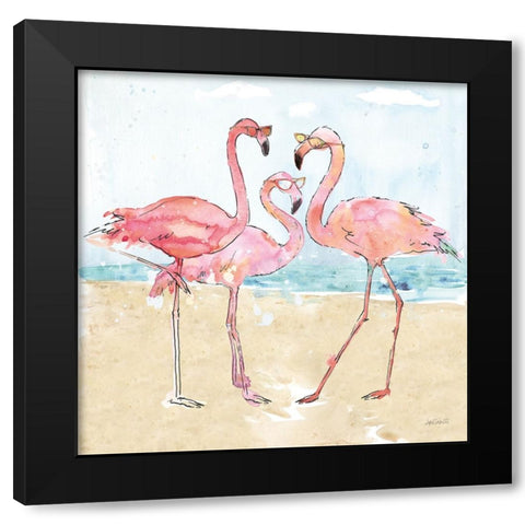 Flamingo Fever Beach Black Modern Wood Framed Art Print by Tavoletti, Anne