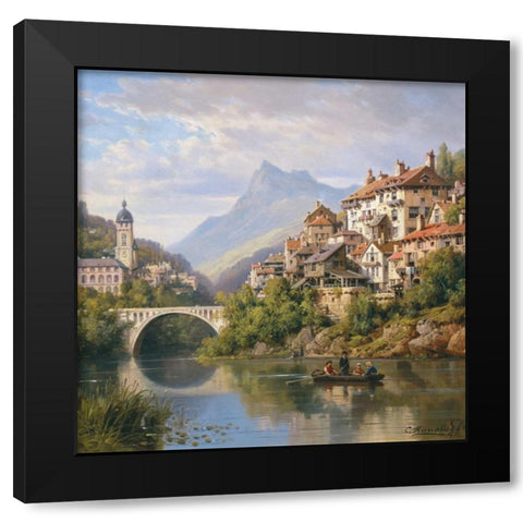 Riverside Village II Black Modern Wood Framed Art Print with Double Matting by Kuwasseg, Charles