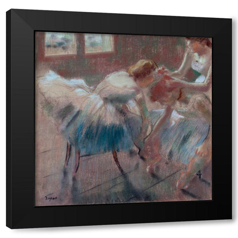 Three Dancers Preparing for Class Black Modern Wood Framed Art Print with Double Matting by Degas, Edgar