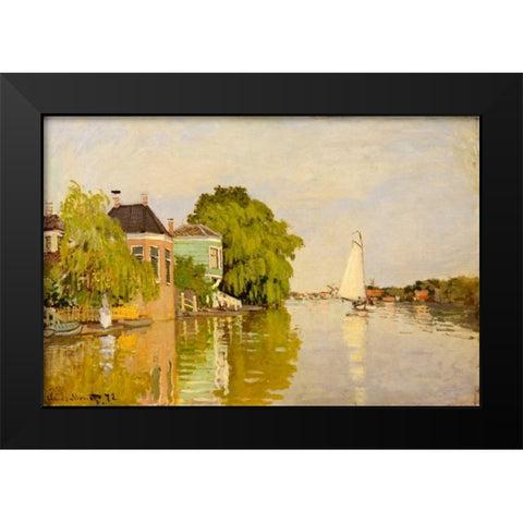 Houses on the Achterzaan Black Modern Wood Framed Art Print by Monet, Claude