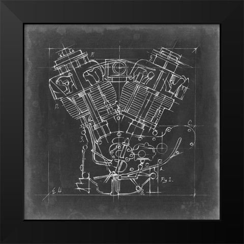Motorcycle Engine Blueprint I Black Modern Wood Framed Art Print by Harper, Ethan