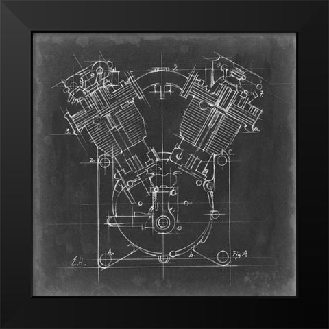Motorcycle Engine Blueprint II Black Modern Wood Framed Art Print by Harper, Ethan