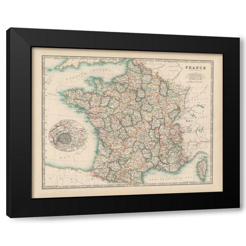 Johnstons Map of France Black Modern Wood Framed Art Print with Double Matting by Johnston
