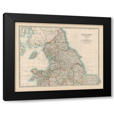 Johnstons Map of England and Wales Black Modern Wood Framed Art Print by Johnston