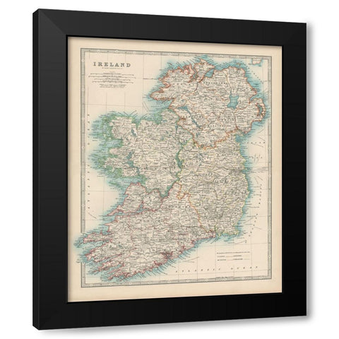 Johnstons Map of Ireland Black Modern Wood Framed Art Print by Johnston