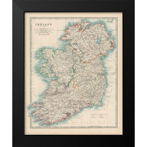 Johnstons Map of Ireland Black Modern Wood Framed Art Print by Johnston
