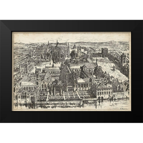 Birds Eye View of London - Westminster Black Modern Wood Framed Art Print by Unknown