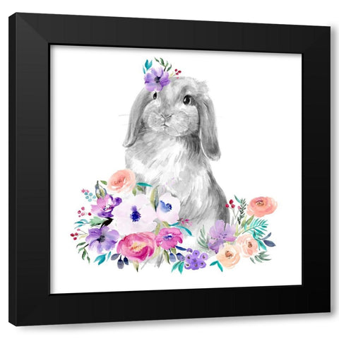 Bright Floral Bunny I Black Modern Wood Framed Art Print by Parker, Jennifer Paxton