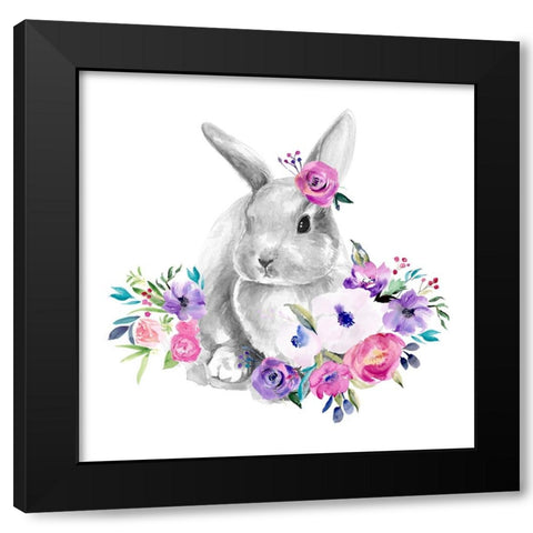 Bright Floral Bunny II Black Modern Wood Framed Art Print by Parker, Jennifer Paxton