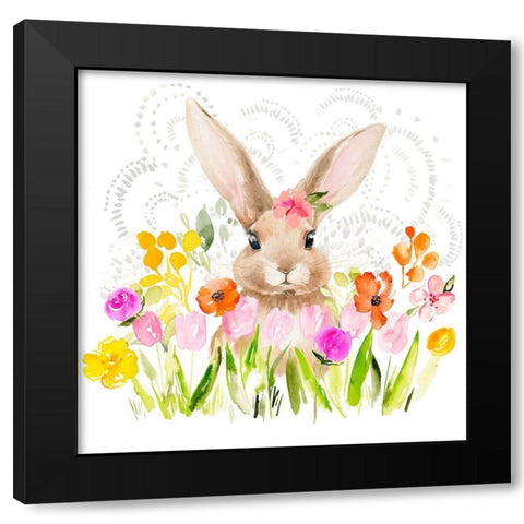 April Flowers and Bunny I Black Modern Wood Framed Art Print by Parker, Jennifer Paxton