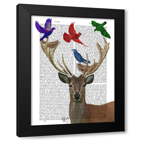 Deer and Birds Nests Black Modern Wood Framed Art Print with Double Matting by Fab Funky