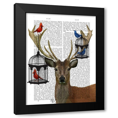 Deer and Bird Cages Black Modern Wood Framed Art Print with Double Matting by Fab Funky