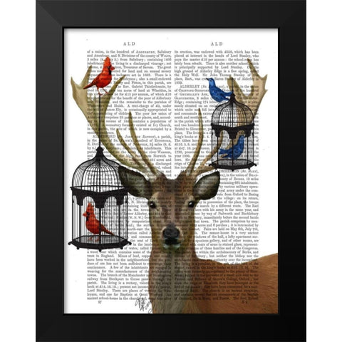 Deer and Bird Cages Black Modern Wood Framed Art Print by Fab Funky