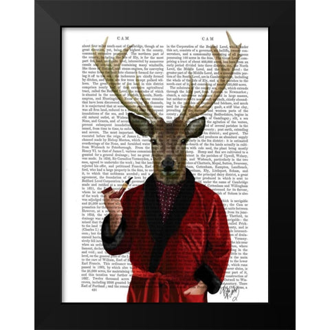 Deer in Smoking Jacket Black Modern Wood Framed Art Print by Fab Funky