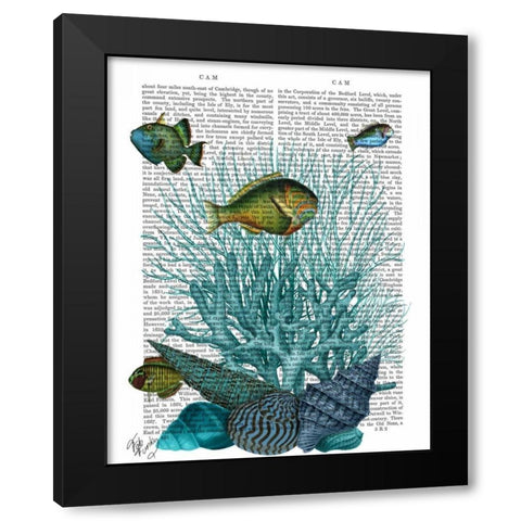 Fish Blue Shells and Corals Black Modern Wood Framed Art Print with Double Matting by Fab Funky