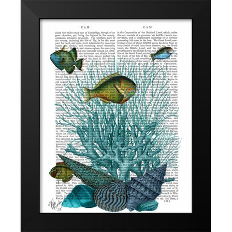 Fish Blue Shells and Corals Black Modern Wood Framed Art Print by Fab Funky