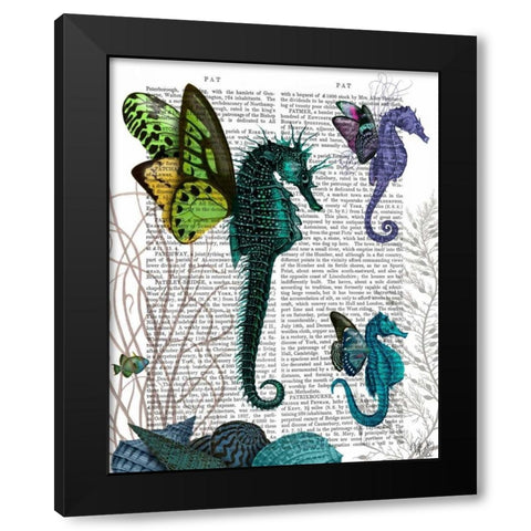 Seahorse Trio With Wings Black Modern Wood Framed Art Print with Double Matting by Fab Funky