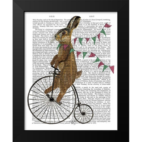 Rabbit On Penny Farthing Black Modern Wood Framed Art Print by Fab Funky