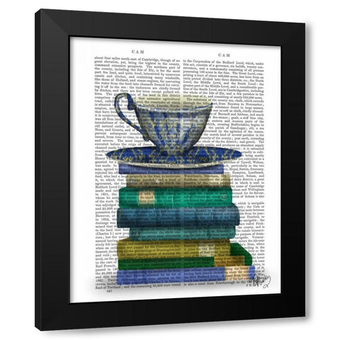 Teacup and Books Black Modern Wood Framed Art Print by Fab Funky