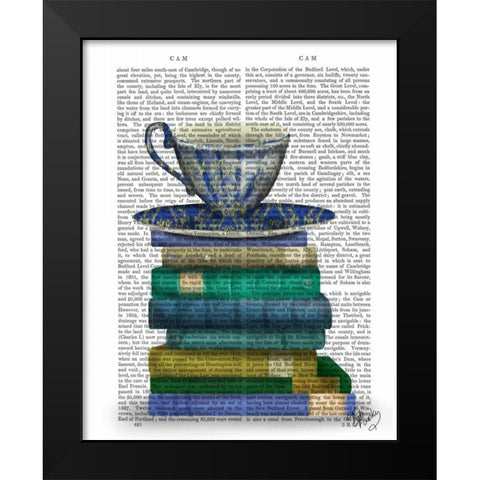 Teacup and Books Black Modern Wood Framed Art Print by Fab Funky