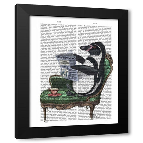 Penguin Reading Newspaper Black Modern Wood Framed Art Print by Fab Funky