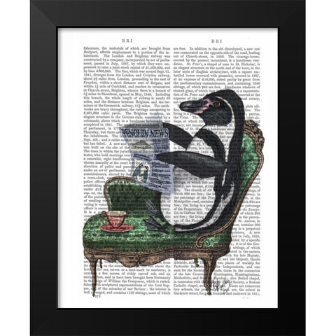 Penguin Reading Newspaper Black Modern Wood Framed Art Print by Fab Funky