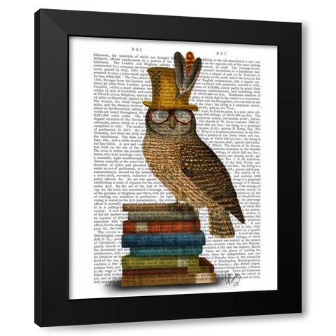 Owl On Books Black Modern Wood Framed Art Print by Fab Funky