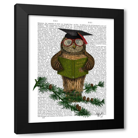 Owl Reading On Branch Black Modern Wood Framed Art Print by Fab Funky
