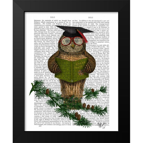 Owl Reading On Branch Black Modern Wood Framed Art Print by Fab Funky