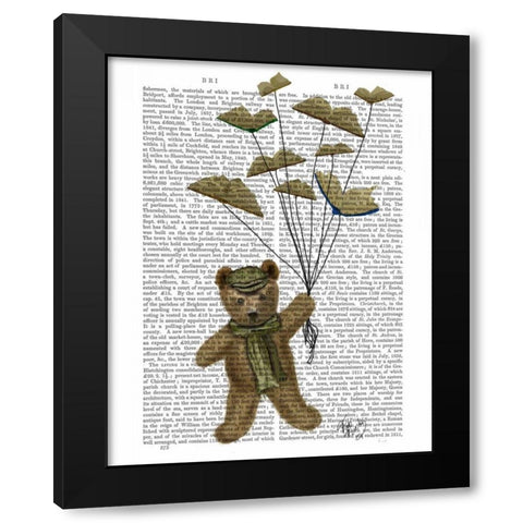 Bear with Book Butterflies Black Modern Wood Framed Art Print by Fab Funky